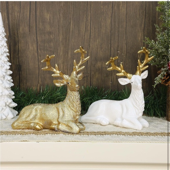 2 Resin Golden & White Reindeer🦌Lying Tabletop Decorations Figurines - Picture 4 of 9